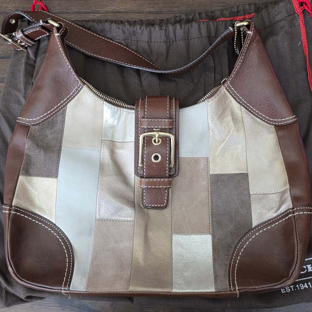Coach Patchwork Suede and Leather Hobo Bag in Metallic Gold and Brown